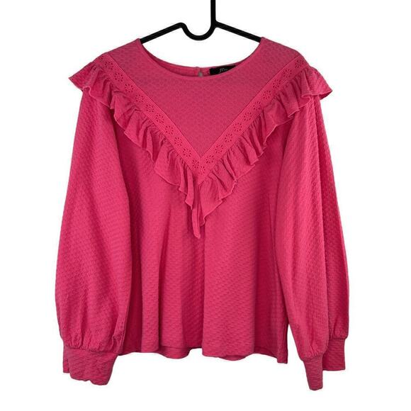 J. Crew Pink Ruffle Trim Honeycomb Knit Cotton Modal Blouse Size Small Corpcore - Picture 1 of 7